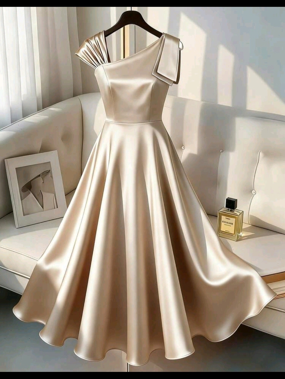 Elegant One-Shoulder Cream Satin A-Line Dress